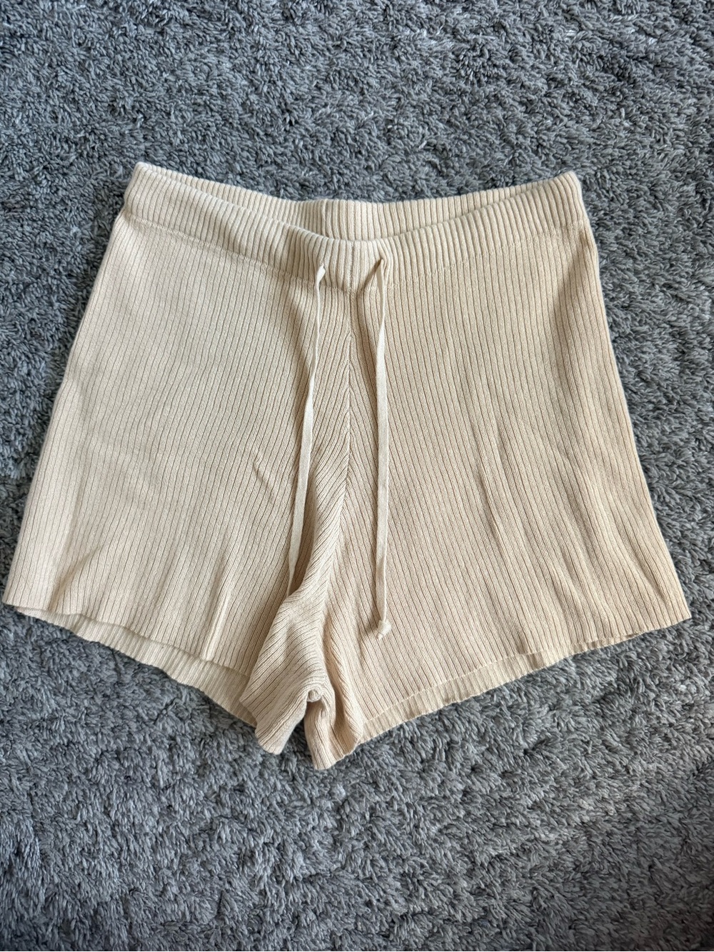 Kendall & Kylie Cream Ribbed Knit Drawstring Shorts